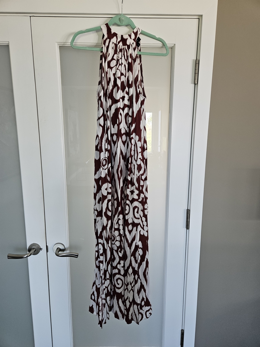 NWOT MSK Rayon Halter Maxi Dress - Ikat Geometric Keyhole Back Maroon​ TALL